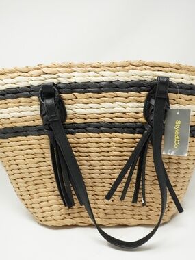NEW Style & Co Straw Tote with Black Stripe